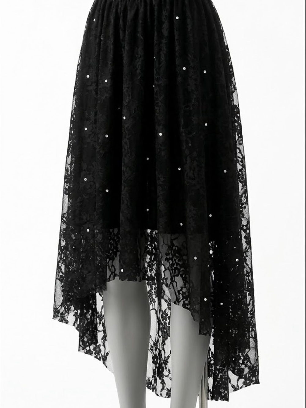 Vintage Black Sheer Floral Lace Rhinestone High-Low Midi Skirt Size XS